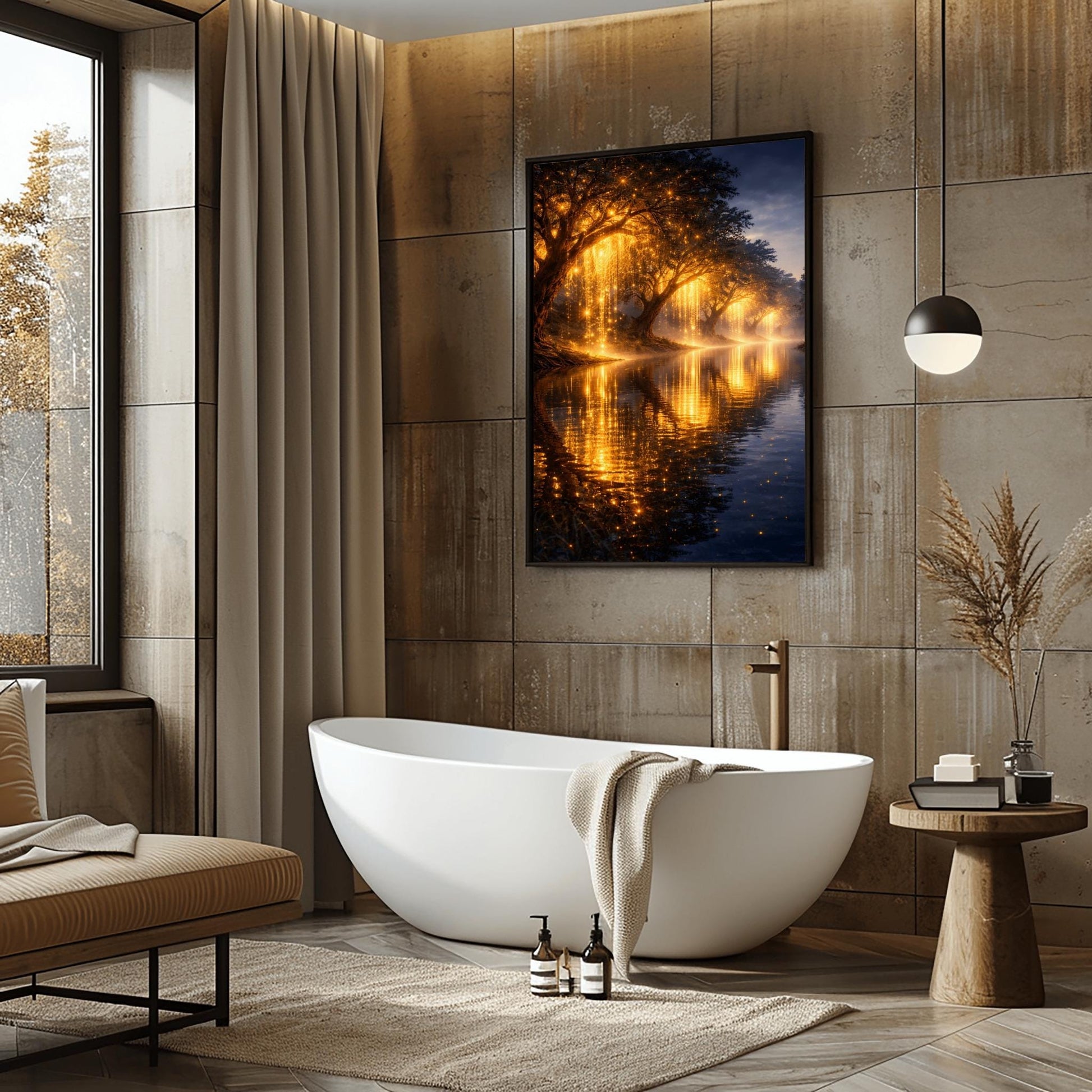 A vertical full-bleed landscape illustration in the style of Gustav Klimt. A row of weeping willow trees with branches made of liquid gold and sparkling embers lines a dark, tranquil river. The golden light reflects brilliantly on the water's surface under a dark twilight sky.