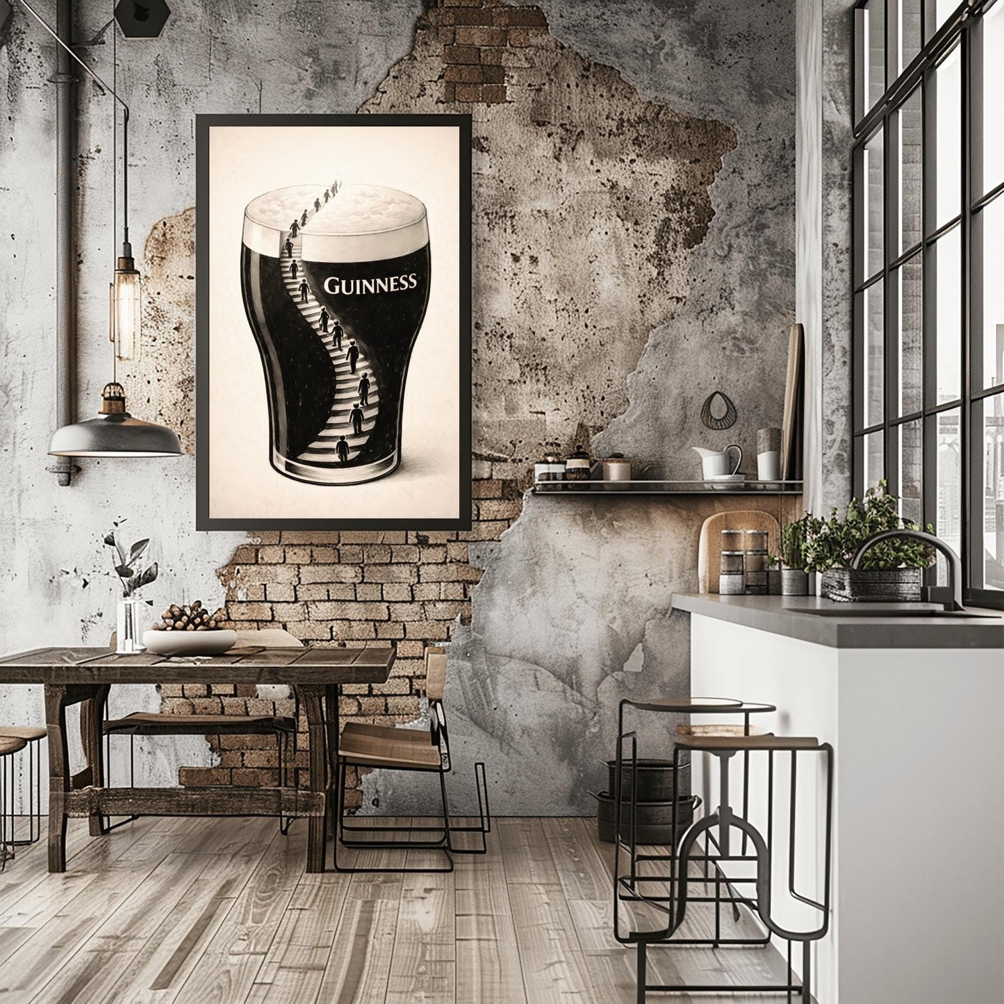 A vertical charcoal-style illustration of a pint of Guinness. A winding staircase is carved into the dark body of the stout, with several small human silhouettes climbing the stairs toward the white foam at the top. The background is a clean, off-white textured paper.