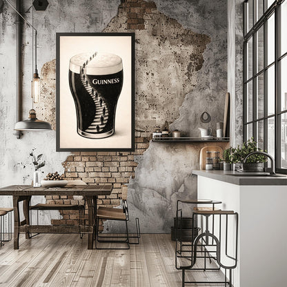 A vertical charcoal-style illustration of a pint of Guinness. A winding staircase is carved into the dark body of the stout, with several small human silhouettes climbing the stairs toward the white foam at the top. The background is a clean, off-white textured paper.