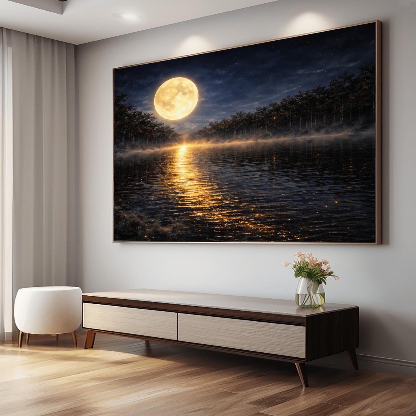 A horizontal landscape art print in the style of Gustav Klimt. A large, luminous golden moon hangs in a dark, starlit sky over a calm lake. A brilliant trail of golden light reflects across the dark water toward the viewer. Low-lying mist rolls across the lake's surface, and silhouetted dark trees line the distant shore. The overall color palette is a striking contrast of deep midnight blue and radiant metallic gold.