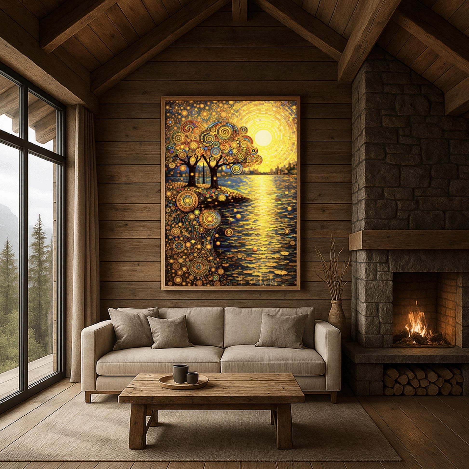A vertical museum exhibition poster in the style of Gustav Klimt. A large, radiant yellow mosaic sun rises over a lake. On the left shore, two trees with ornate spiral-patterned leaves stand. The ground and sky are filled with dense golden mosaic circles and patterns. Bold black text at the bottom reads "GUSTAV KLIMT" and "AUSTRIA."