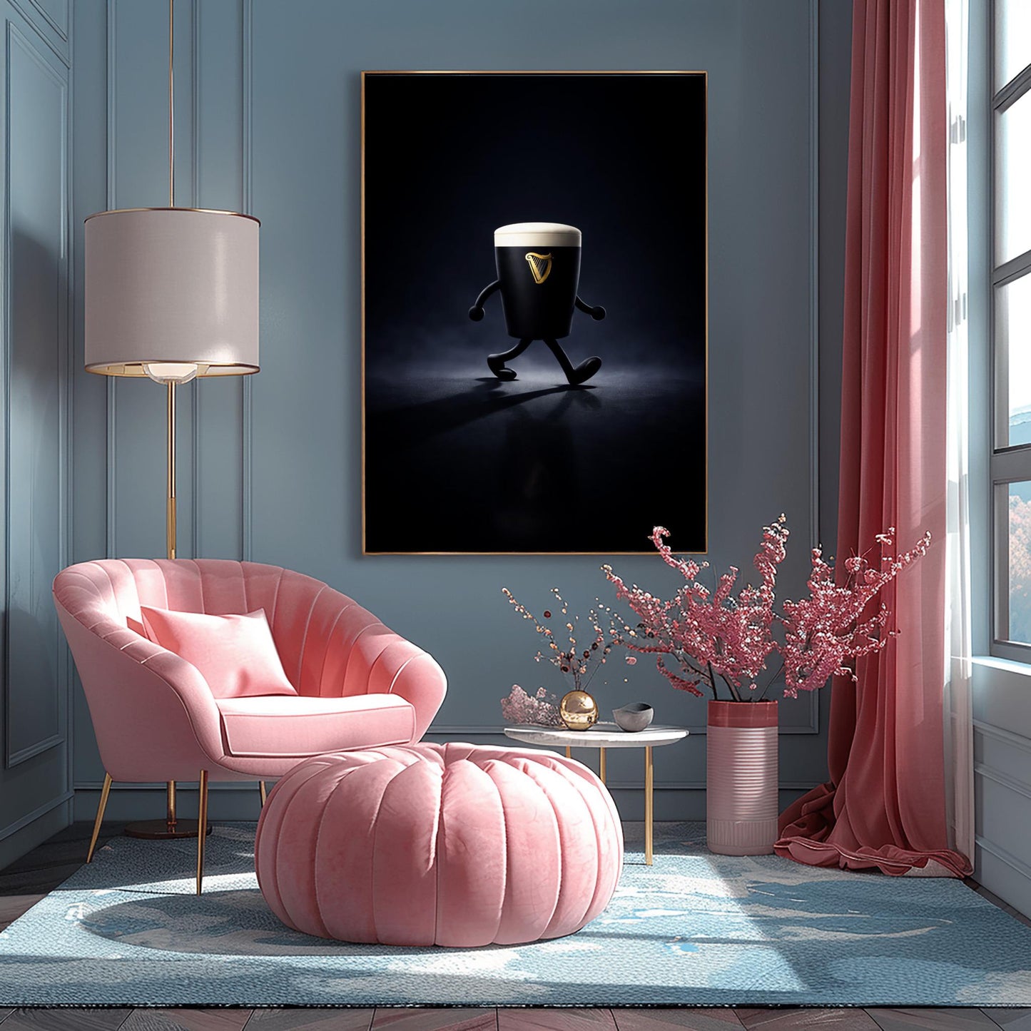 A vertical cinematic illustration of a 3D Guinness pint character with cartoon arms and legs, walking across a reflective dark floor. The background is a dark, moody void with a faint blue atmospheric glow. The pint features a crisp white foam head and a golden harp logo.