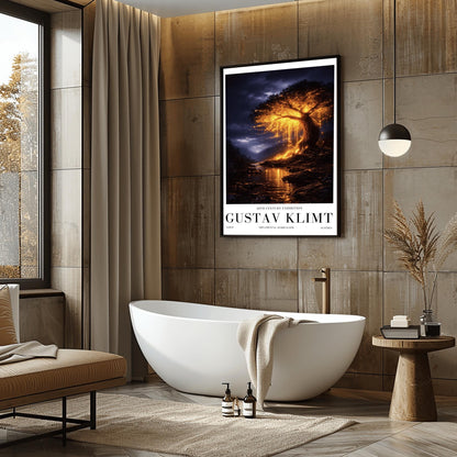 A vertical full-bleed illustration of a large weeping willow tree glowing with golden light in a stormy mountain valley. The tree stands by a dark river reflecting its gold light. The background features dark, rainy mountains and a moody indigo sky in the style of Gustav Klimt.