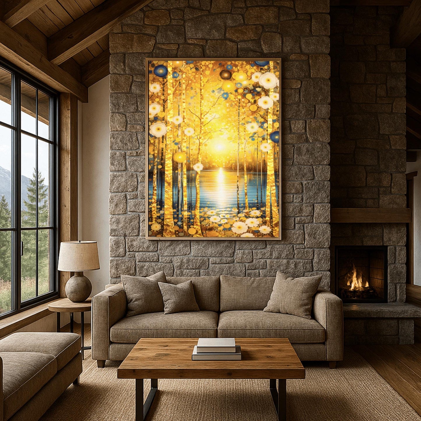 A vertical fine art landscape in the style of Gustav Klimt. Slender birch trees with textured gold leaf bark stand in the foreground. A brilliant sun sets over a calm blue lake in the background, creating a glowing reflection. The scene is decorated with stylized white daisies and blue circular floral motifs in an ornamental, symbolic style.