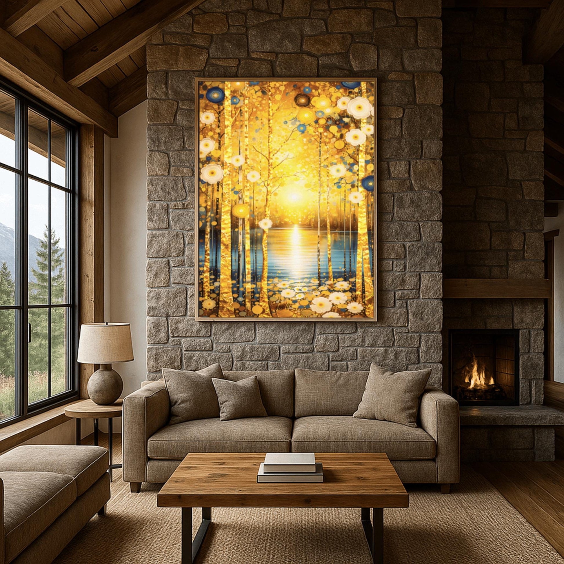 A vertical fine art landscape in the style of Gustav Klimt. Slender birch trees with textured gold leaf bark stand in the foreground. A brilliant sun sets over a calm blue lake in the background, creating a glowing reflection. The scene is decorated with stylized white daisies and blue circular floral motifs in an ornamental, symbolic style.