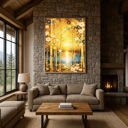 A vertical fine art landscape in the style of Gustav Klimt. Slender birch trees with textured gold leaf bark stand in the foreground. A brilliant sun sets over a calm blue lake in the background, creating a glowing reflection. The scene is decorated with stylized white daisies and blue circular floral motifs in an ornamental, symbolic style.