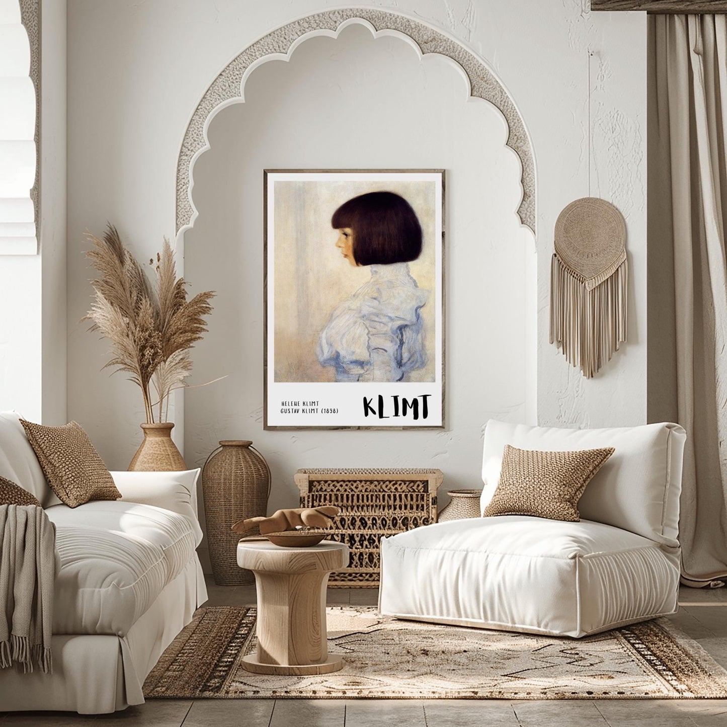 A vertical museum exhibition poster featuring Gustav Klimt's 1898 portrait of "Helene Klimt." A young girl with a dark bob haircut is shown in profile wearing a high-collared white lace blouse. The background is a muted cream. The bottom border is light grey with bold black text reading "HELENE KLIMT" and "KLIMT."