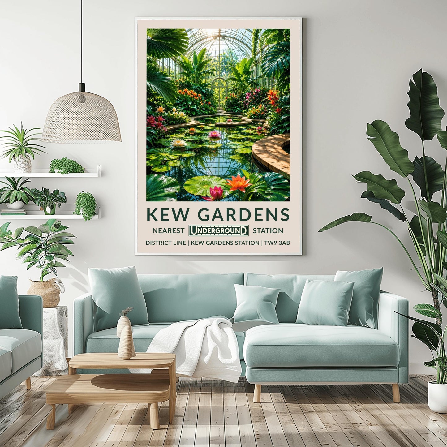 A vertical retro London Underground travel poster for Kew Gardens on a wide cream border. The top image shows an immersive illustration inside a grand Victorian glass conservatory dome. A curved brick pathway encircles a glassy pond filled with giant round lily pads and blooming pink, orange, and white lotus flowers that reflect the grid of the glass roof. Towering fan palms and exotic orange flowers frame the sides, leading to an arched glass doorway in the background.