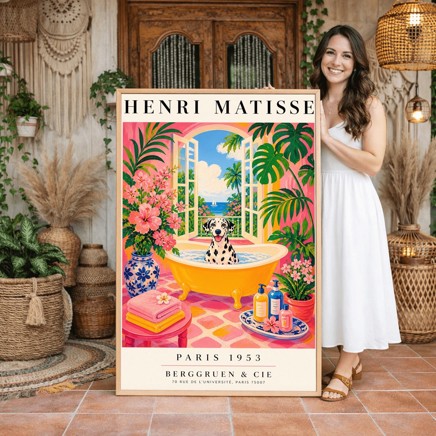 A vertical maximalist art print styled as a Henri Matisse exhibition poster. A black and white spotted Dalmatian dog with its tongue out sits happily in a bright yellow clawfoot bathtub filled with water. The bathroom has hot pink walls, pink and yellow checkered tiles, and is filled with lush green tropical plants and pink flowers. Open arched doors in the background show a view of a blue sea with a white sailboat and palm trees. Bold black text at the top