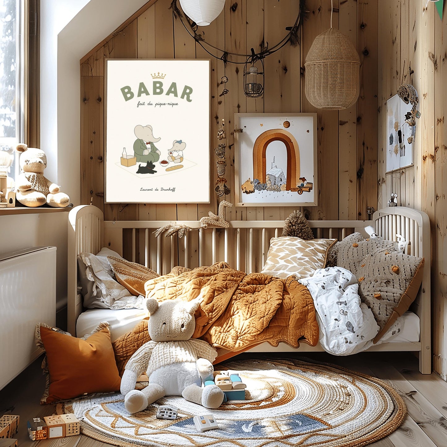 A vertical storybook-style art print of Babar the Elephant having a picnic against a cream background. Babar, in a green suit, sits on a white blanket with a smaller elephant in a blue hat and yellow shorts. A small black dog lies in the foreground. The spread includes a baguette, a bowl of cherries, and a bottle. The top reads "BABAR fait du pique-nique" with a gold crown, and the bottom says "Laurent de Brunhoff."