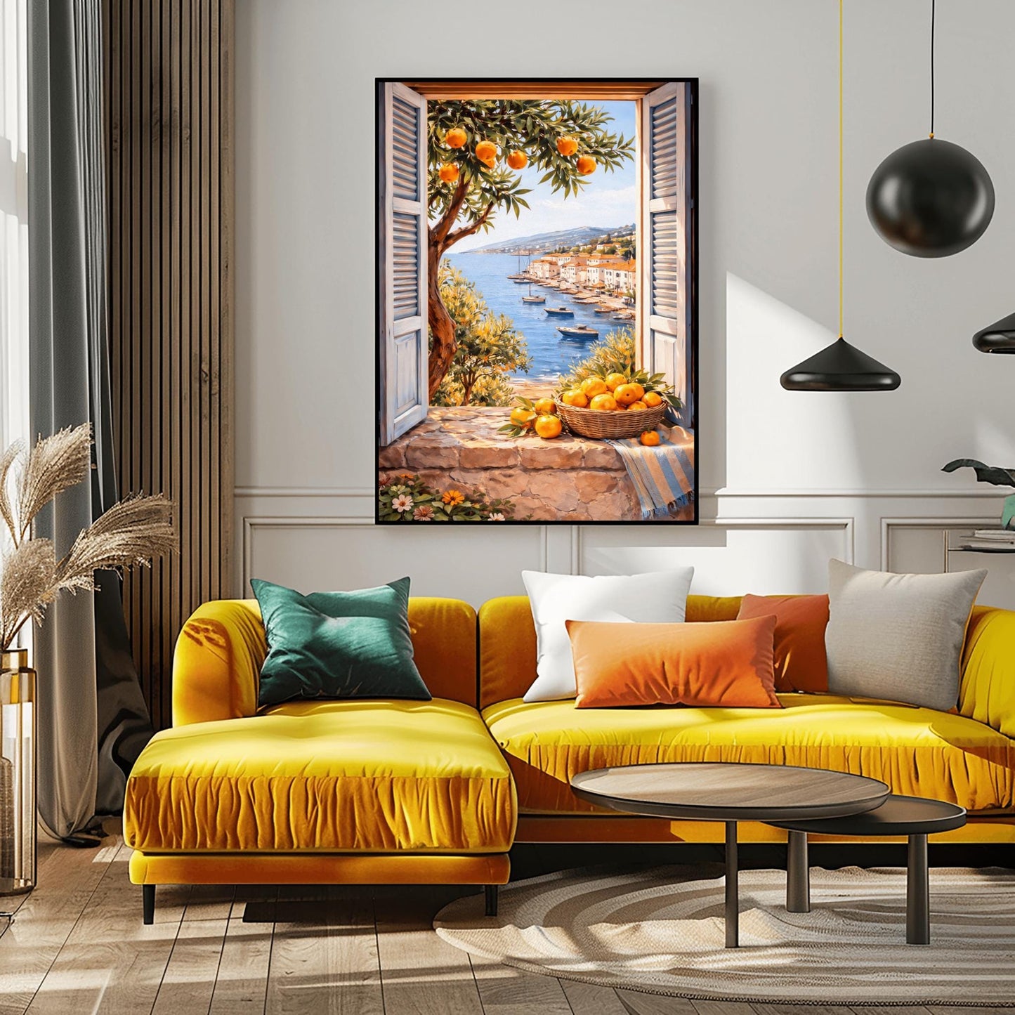 A vertical painterly illustration looking through a stone window with light blue shutters. A woven basket of oranges and a striped blue cloth sit on the ledge. Outside, an orange tree frames a view of a blue sea with boats and a sun-drenched coastal town.