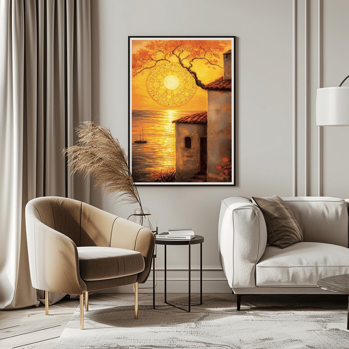 A vertical fine art print in the style of Gustav Klimt. A large, intricate golden mosaic sun hangs in an orange sky, partially framed by a dark tree branch. In the foreground, a rustic white villa with a red roof stands next to a golden sea where a small sailboat is visible. The entire scene is bathed in warm gold and amber light.