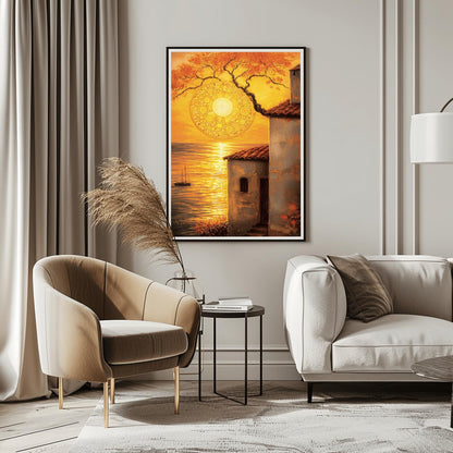 A vertical fine art print in the style of Gustav Klimt. A large, intricate golden mosaic sun hangs in an orange sky, partially framed by a dark tree branch. In the foreground, a rustic white villa with a red roof stands next to a golden sea where a small sailboat is visible. The entire scene is bathed in warm gold and amber light.