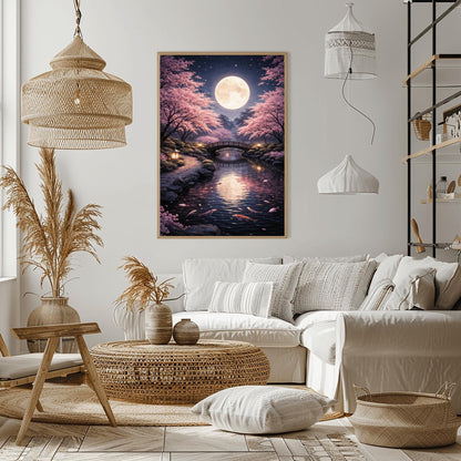 A vertical illustration of a Japanese garden at night in a Klimt-inspired mosaic style. A large full moon shines over a curved bridge and a koi pond. Glowing pink cherry blossom trees frame the scene. Stone lanterns light a stone path in the foreground.