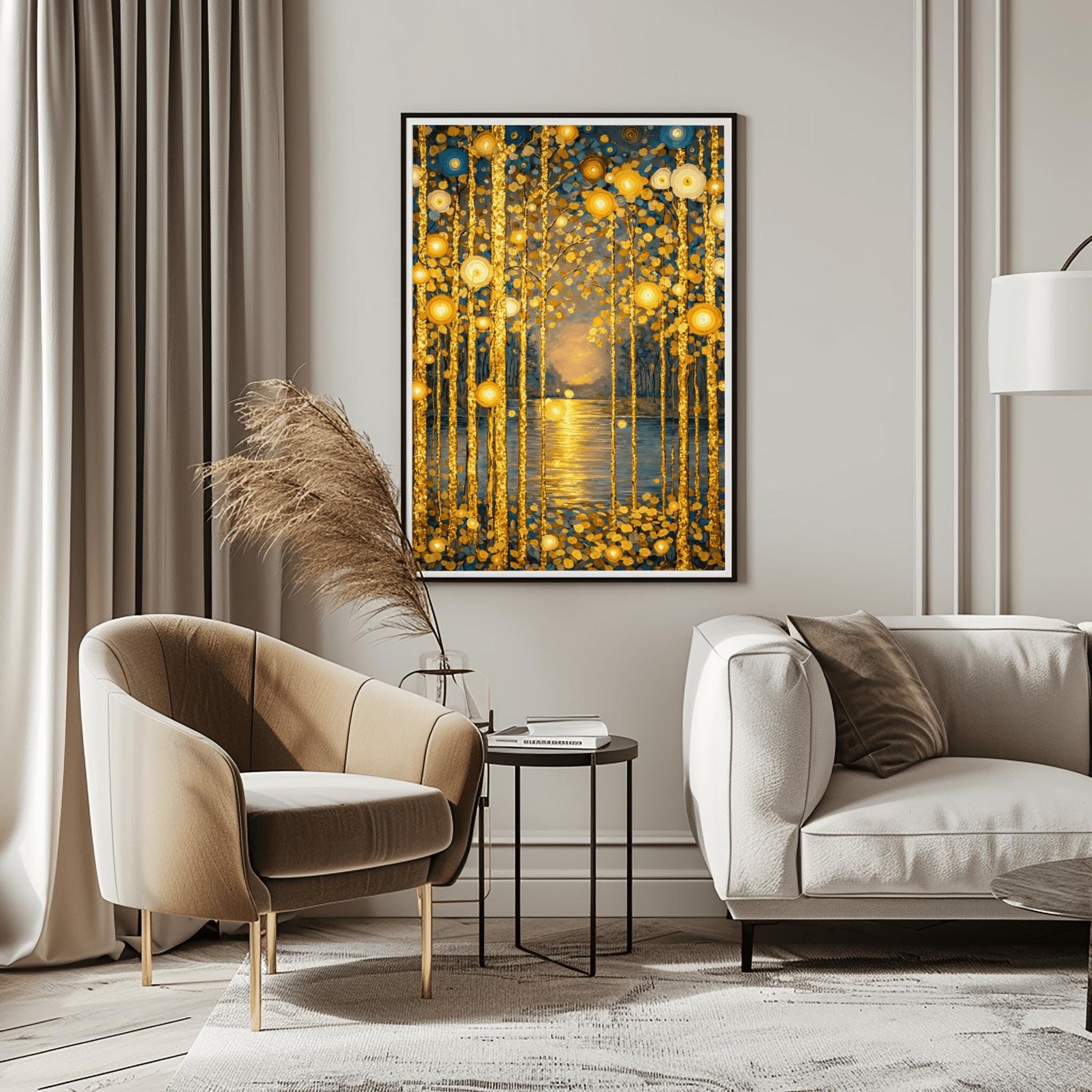 A vertical fine art print in the style of Gustav Klimt. Several slender tree trunks made of sparkling gold leaf stand in the foreground. They are adorned with glowing gold and ivory circular patterns. A calm river in the center reflects a soft, hazy golden sun on the horizon. The background is a soft blue-grey.