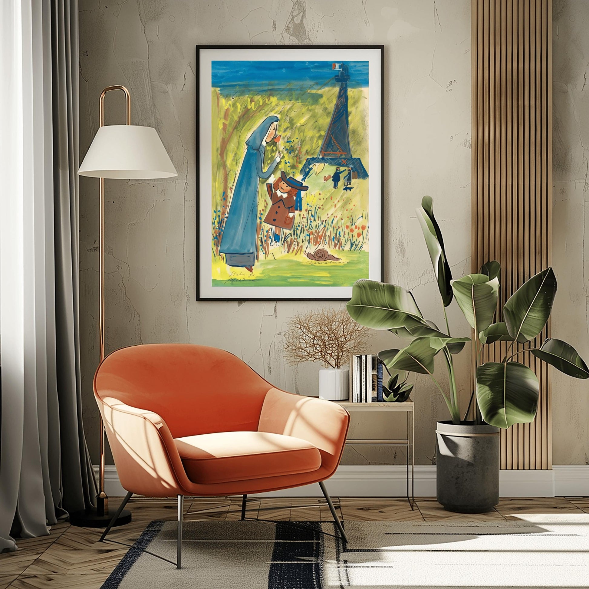 A vertical watercolor illustration in a whimsical, sketchy style. In the foreground, a nun in a tall blue habit bends down to smell an orange flower held by a young girl in a brown coat and a blue hat. They stand in a bright green field filled with red and blue wildflowers, with a brown snail nearby. In the background, a blue, impressionistic Eiffel Tower stands against a yellow-green sky with a French flag at its peak. Several small, sketchy figures walk in the distance.