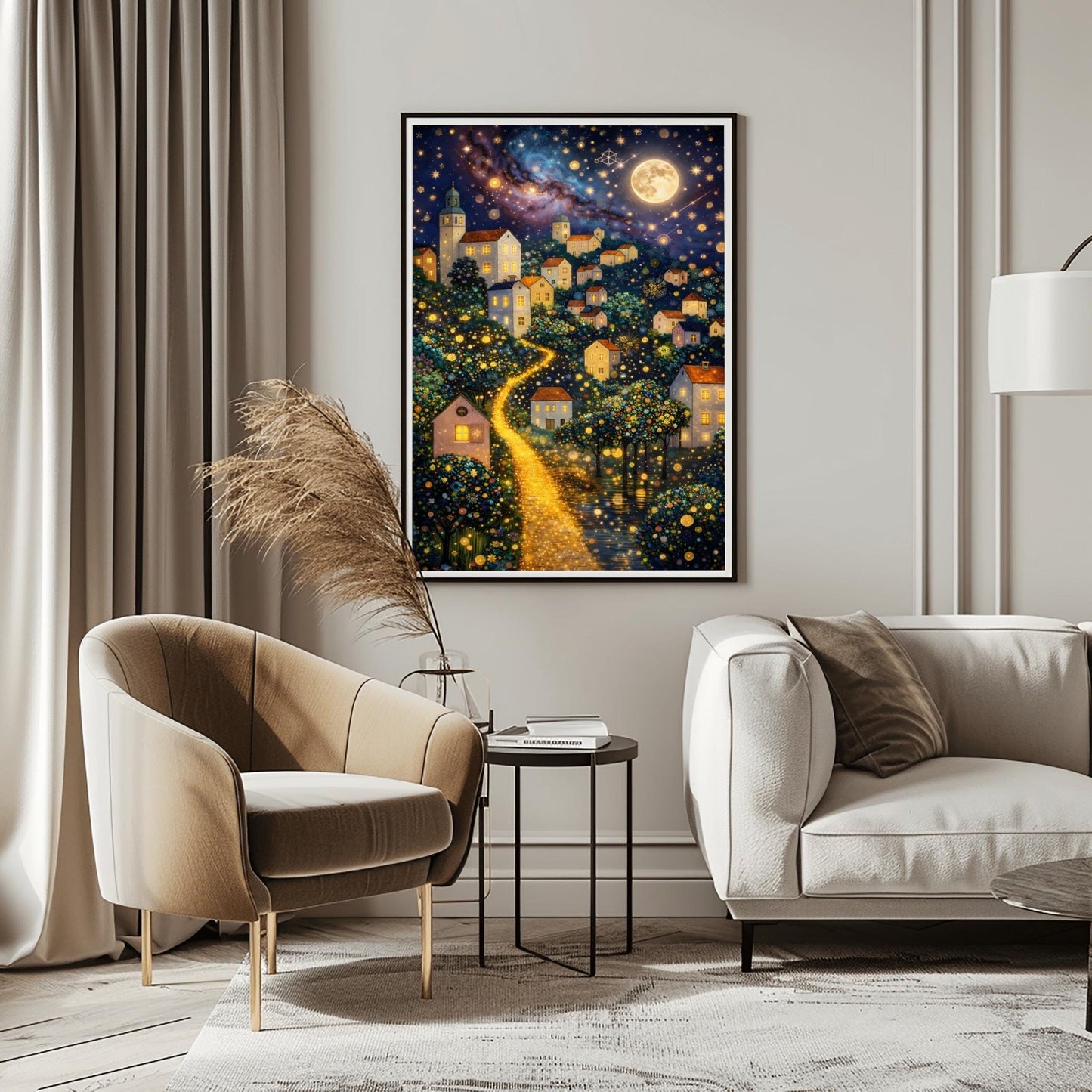 A vertical fine art painting in the style of Gustav Klimt. A hillside village with white houses and orange roofs is illuminated by a large, textured golden moon and a swirling starlit sky. A bright, glowing golden path winds through the village houses and mosaic-patterned trees. At the bottom, a dark sea reflects the shimmering lights. The style is highly decorative with gold leaf textures.