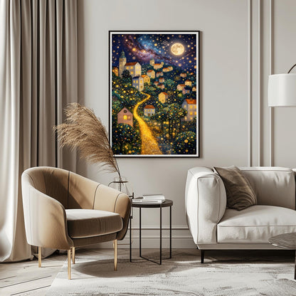 A vertical fine art painting in the style of Gustav Klimt. A hillside village with white houses and orange roofs is illuminated by a large, textured golden moon and a swirling starlit sky. A bright, glowing golden path winds through the village houses and mosaic-patterned trees. At the bottom, a dark sea reflects the shimmering lights. The style is highly decorative with gold leaf textures.