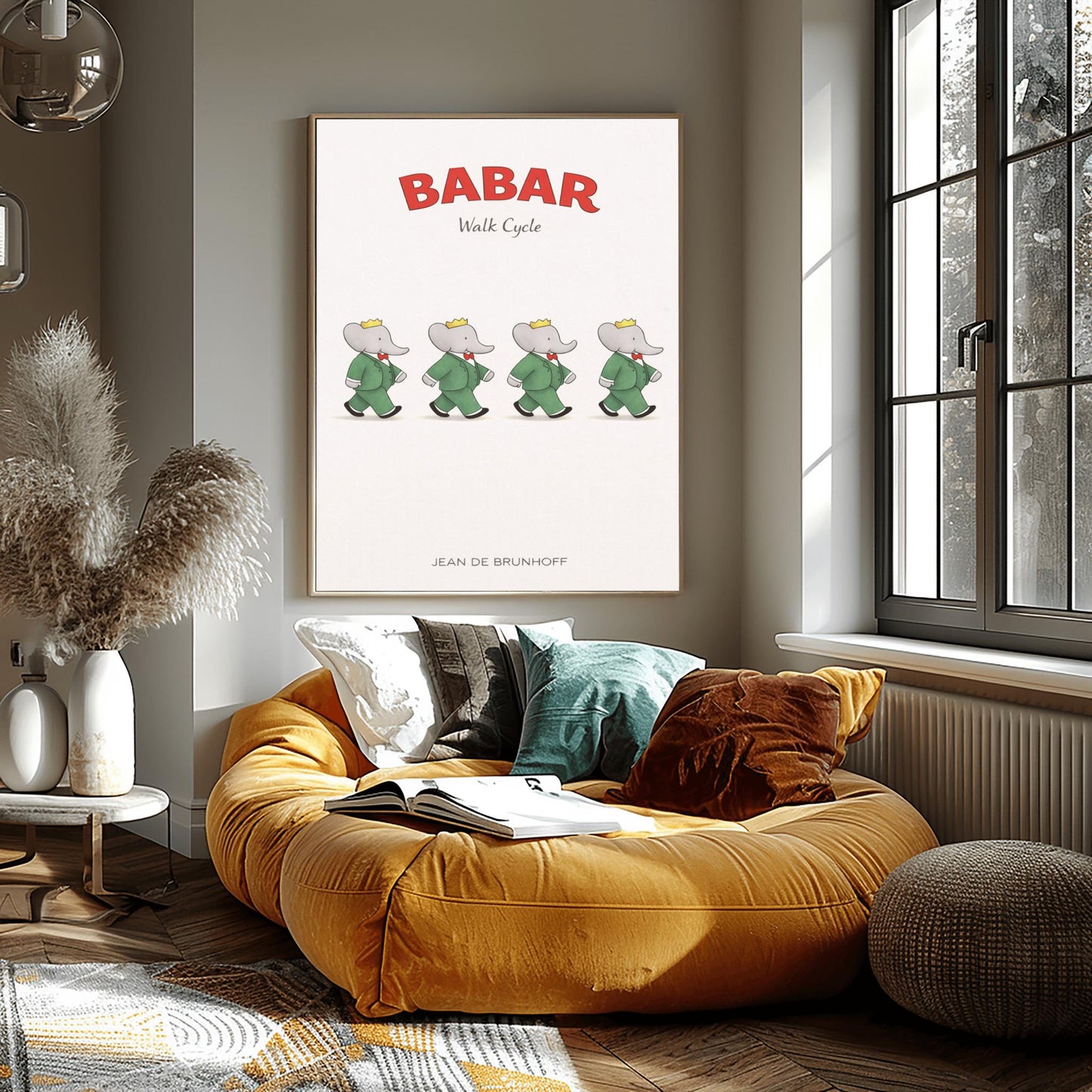 A vertical minimalist illustration poster titled "BABAR: Walk Cycle" in red and grey. The image features four identical figures of an elephant (Babar) in a green suit and crown, arranged in a horizontal line. Each figure is shown in a different stage of a walking stride, creating an animation sequence. The background is solid off-white. The name "JEAN DE BRUNHOFF" is at the bottom.