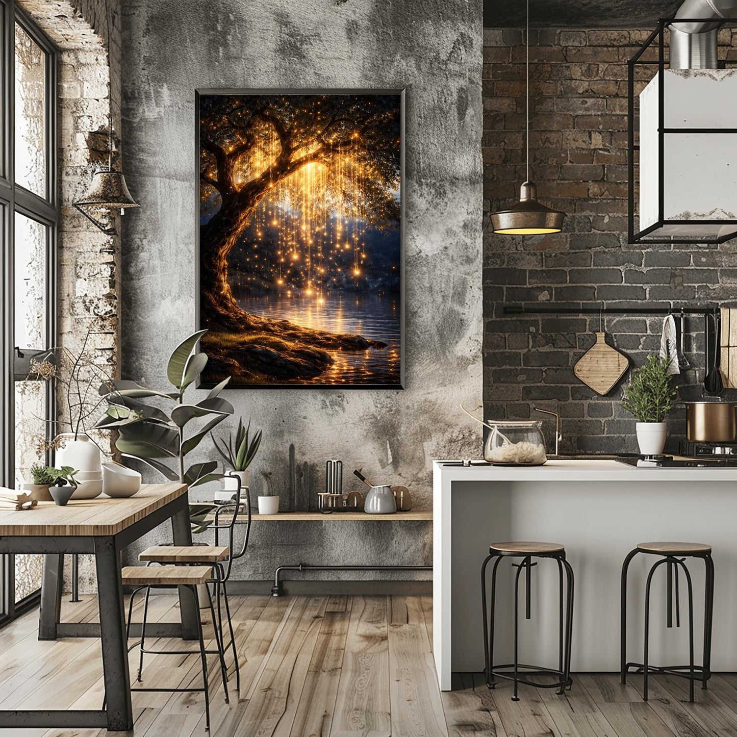 A vertical full-bleed illustration of a weeping willow tree at night in the style of Gustav Klimt. The branches hang down like strings of golden lights over a dark lake. The water reflects the golden glow, and the tree stands on a mossy bank against a dark forest background.