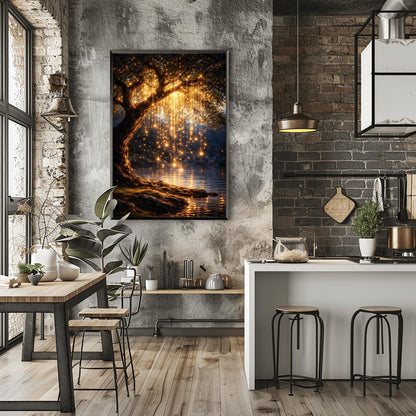 A vertical full-bleed illustration of a weeping willow tree at night in the style of Gustav Klimt. The branches hang down like strings of golden lights over a dark lake. The water reflects the golden glow, and the tree stands on a mossy bank against a dark forest background.