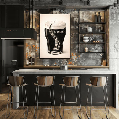 A vertical charcoal-style illustration of a pint of Guinness. A winding staircase is carved into the dark body of the stout, with several small human silhouettes climbing the stairs toward the white foam at the top. The background is a clean, off-white textured paper.