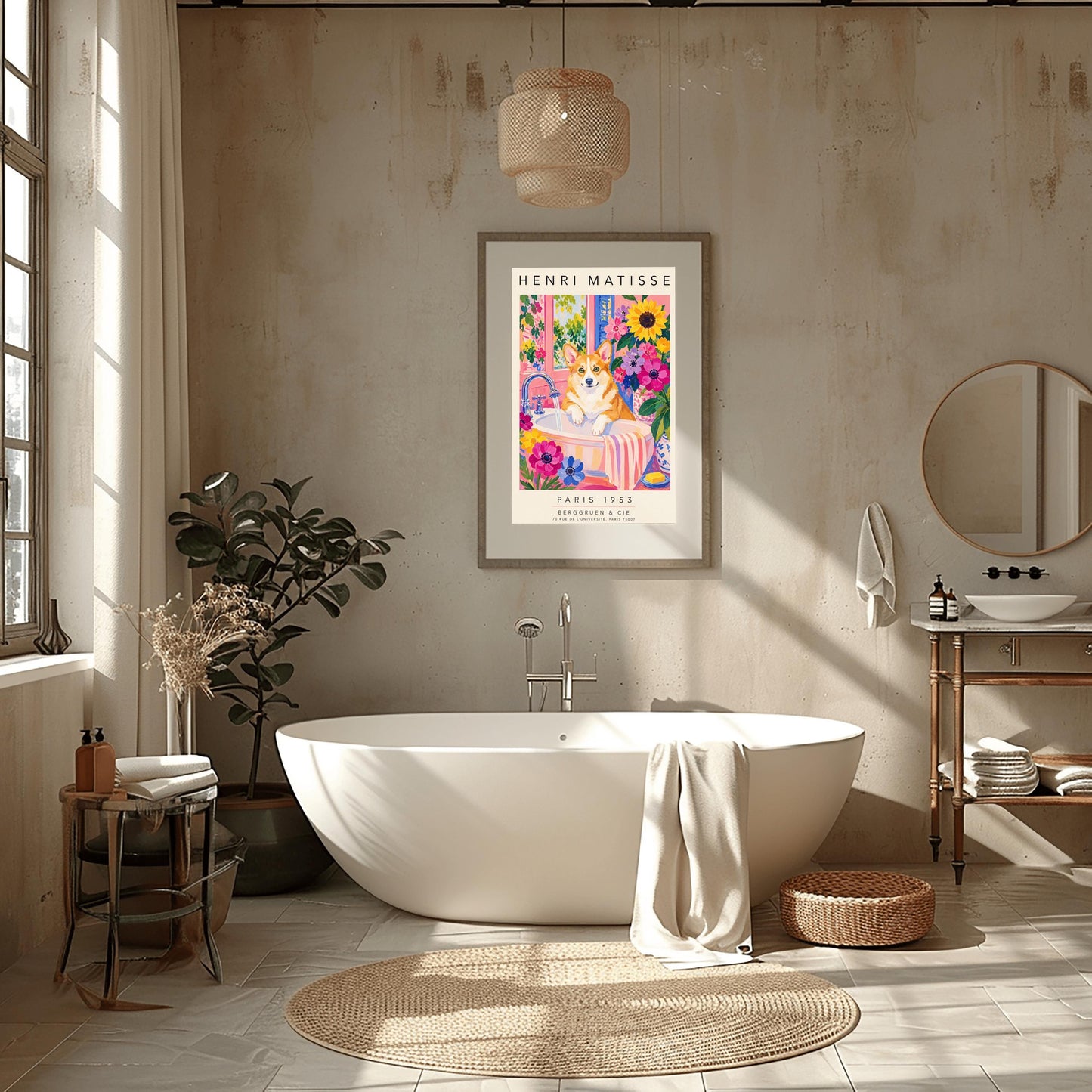 A vertical maximalist art print styled as a Henri Matisse exhibition poster. A tan and white Pembroke Welsh Corgi dog with large ears stands in a white bathroom sink under a running silver faucet. The room features pink walls and is filled with large sunflowers and pink and purple blossoms. A pink and white striped towel hangs from the side of the sink. A window in the background looks out onto a leafy green garden. Bold black text at the top and bottom