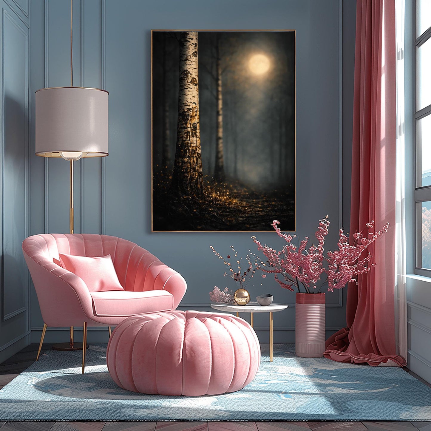 A vertical Art Nouveau illustration of a close-up birch tree trunk. The bark is covered in golden mosaic-like patterns and shimmering cracks. A soft, out-of-focus golden moon glows in a dark, misty forest background, and the ground is covered in glowing golden embers.