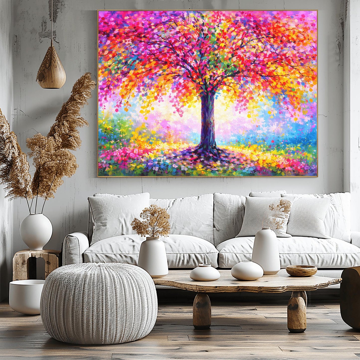 A horizontal landscape painting of a large, vibrant tree. The canopy is a dense, rounded mass of multi-colored leaves in pink, red, orange, yellow, and purple. The center of the tree glows with white and yellow light. The trunk is dark and textured. The tree sits in a soft, impressionist meadow of colorful flowers and mist. The style features thick, visible palette knife strokes.