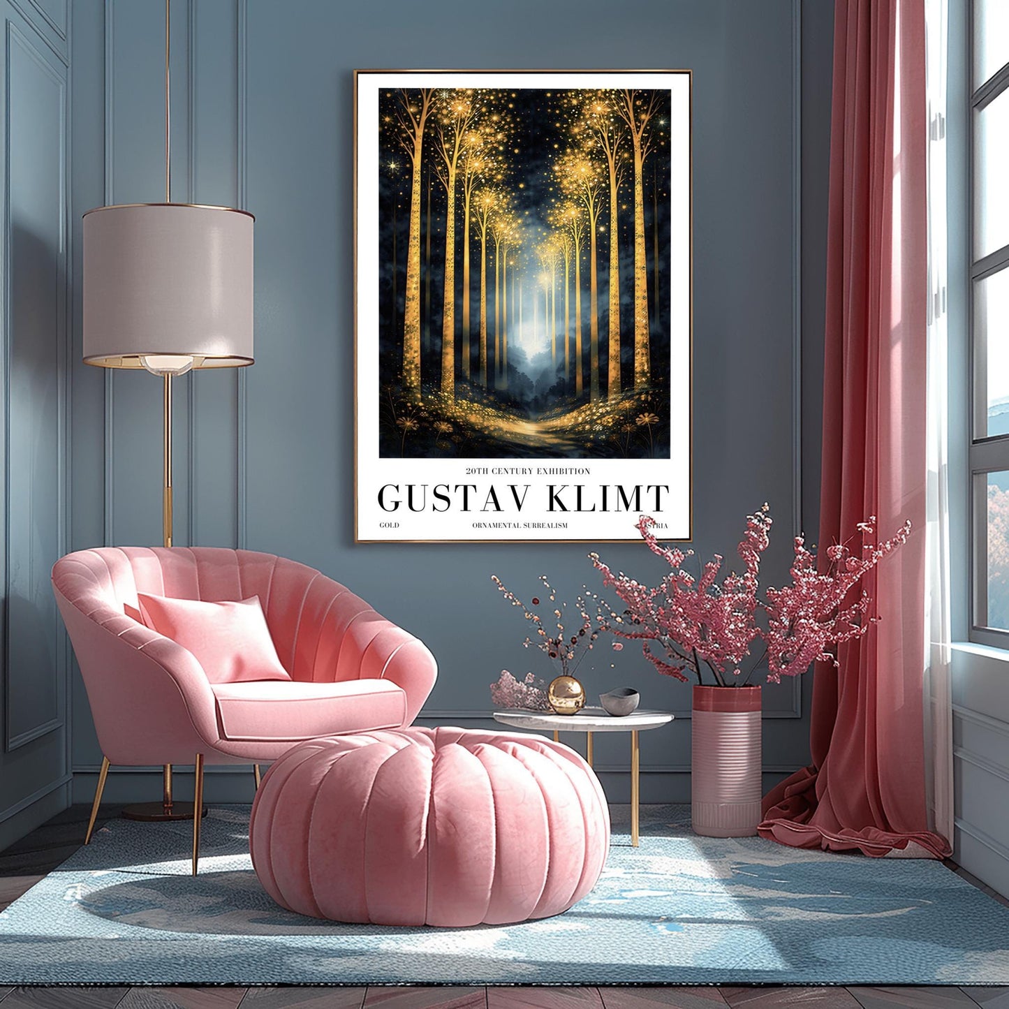 A vertical full-bleed illustration of a birch forest at night in the style of Gustav Klimt. The slender trunks are covered in golden patterns, and the tops of the trees explode into golden sparks and stars. A glowing golden path leads into a misty blue distance.
