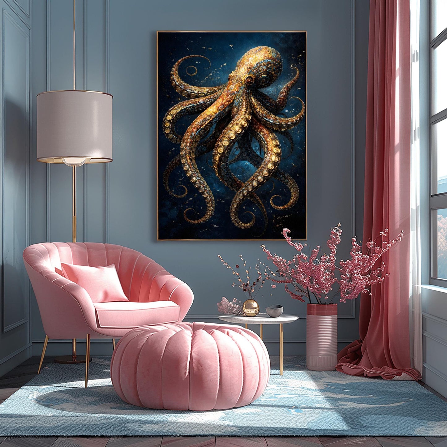 A vertical full-bleed illustration of an octopus in the style of Gustav Klimt. The octopus is decorated with intricate golden mosaic patterns and spirals, floating in a dark navy ocean with tiny sparkling particles. The design is rich in detail and high contrast.