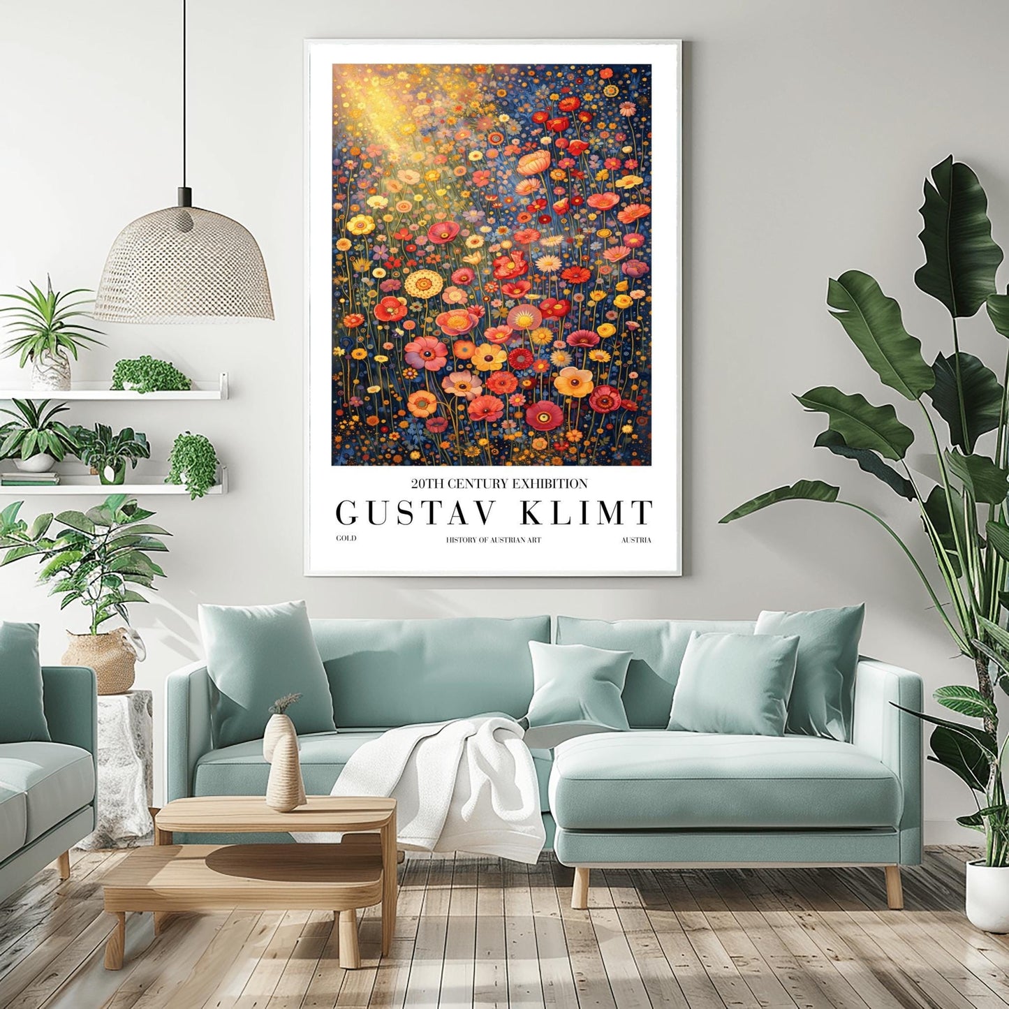 A vertical museum exhibition poster in the style of Gustav Klimt. A dense field of stylized poppies and wildflowers in coral, red, and yellow fills the frame. A bright golden sunburst glows from the top left. The background is a dark navy blue. Bold black text at the bottom reads "GUSTAV KLIMT" and "HISTORY OF AUSTRIAN ART."