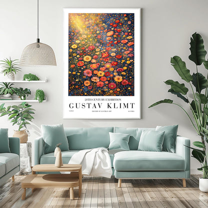 A vertical museum exhibition poster in the style of Gustav Klimt. A dense field of stylized poppies and wildflowers in coral, red, and yellow fills the frame. A bright golden sunburst glows from the top left. The background is a dark navy blue. Bold black text at the bottom reads "GUSTAV KLIMT" and "HISTORY OF AUSTRIAN ART."