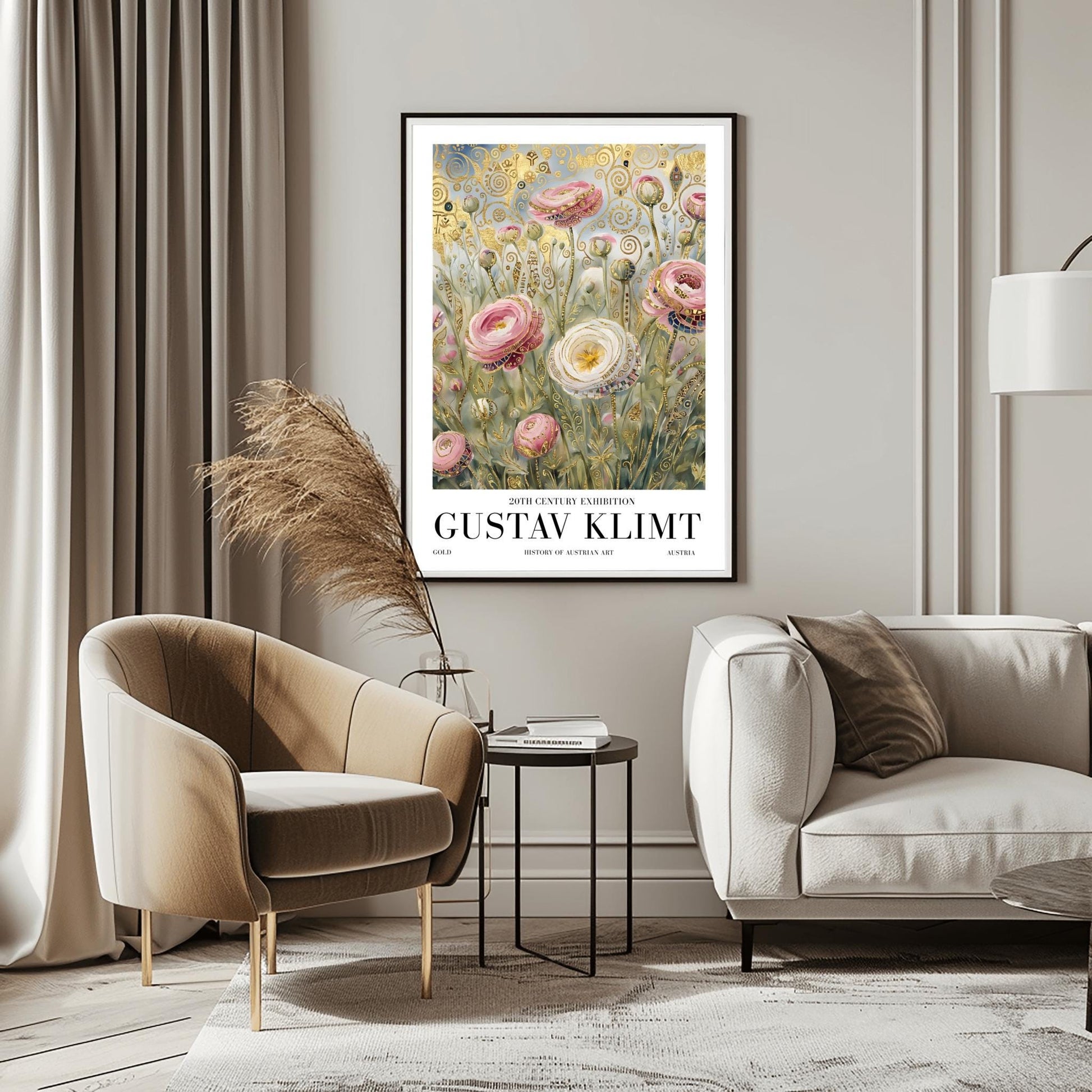 A vertical museum exhibition poster in the style of Gustav Klimt. Large pink and white roses with golden edges grow in a field. The background is filled with ornate gold leaf spirals and geometric patterns against a soft light-blue sky. Bold black text at the bottom reads "GUSTAV KLIMT" and "BOTANICAL EXCELLENCE."