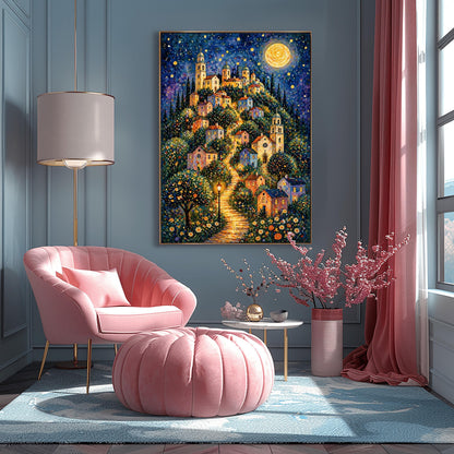 A vertical art print in a vibrant mosaic style. A winding, glowing stone path leads up a steep hill through a village of pastel-colored houses and tall, domed church towers. The scene is lit by warm streetlamps and a massive, golden full moon in a starry indigo sky. The foreground is filled with a dense field of small, colorful wildflowers, and the entire image is composed of shimmering, jewel-toned patterns.