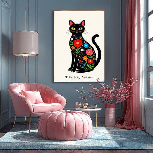 A vertical minimalist art print of a sleek black cat sitting upright, facing forward. The cat's body is filled with colorful folk-art style flowers in red, blue, orange, and yellow with green leaves. The cat has large yellow eyes and a small pink nose. Below the cat, the French phrase "Très chic, c'est moi." is written in a black serif font. The entire image is set against a textured off-white background.