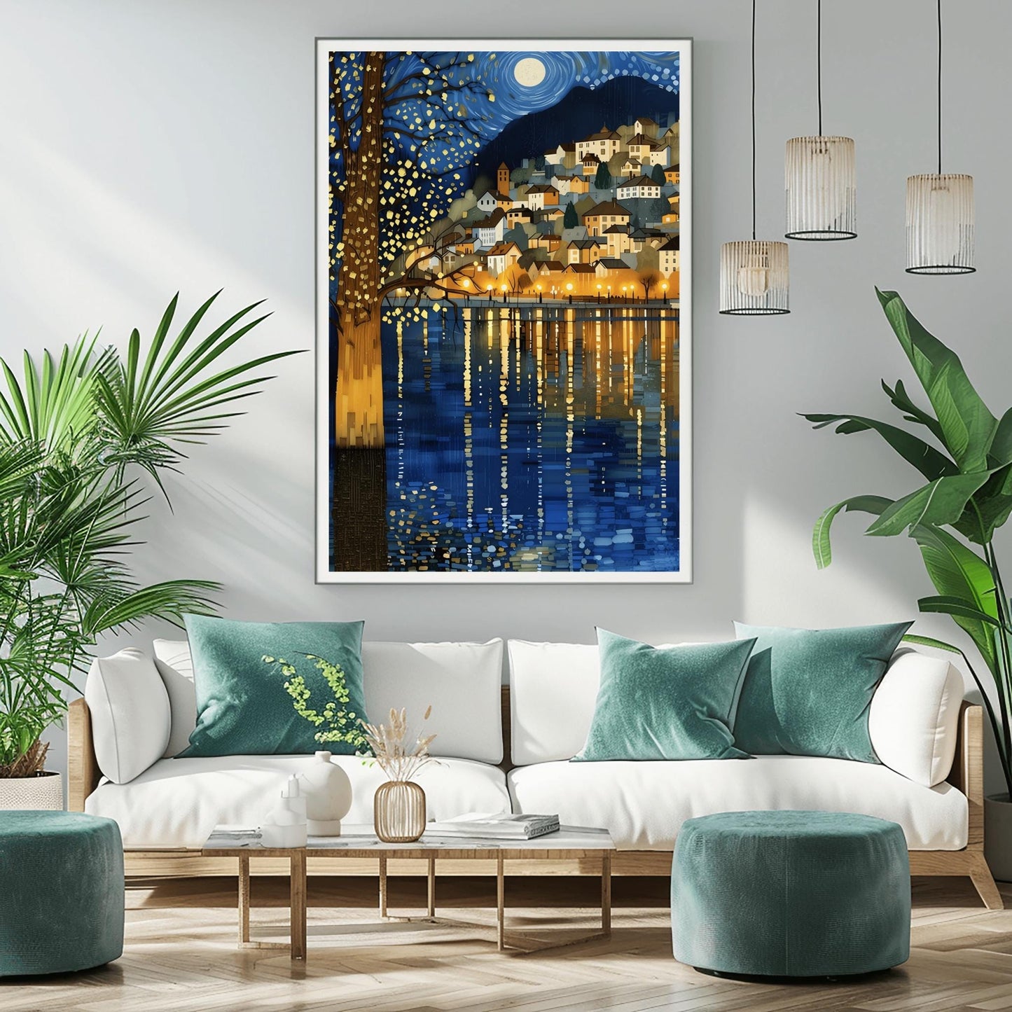 A vertical fine art painting in the style of Gustav Klimt. A coastal village with warm-lit houses is nestled on a hillside at night. A large, shimmering tree with gold-textured bark stands in the left foreground. Above, a full moon sits within a swirling blue sky of mosaic stars. The water in the foreground features long, vertical golden reflections of the village lights.