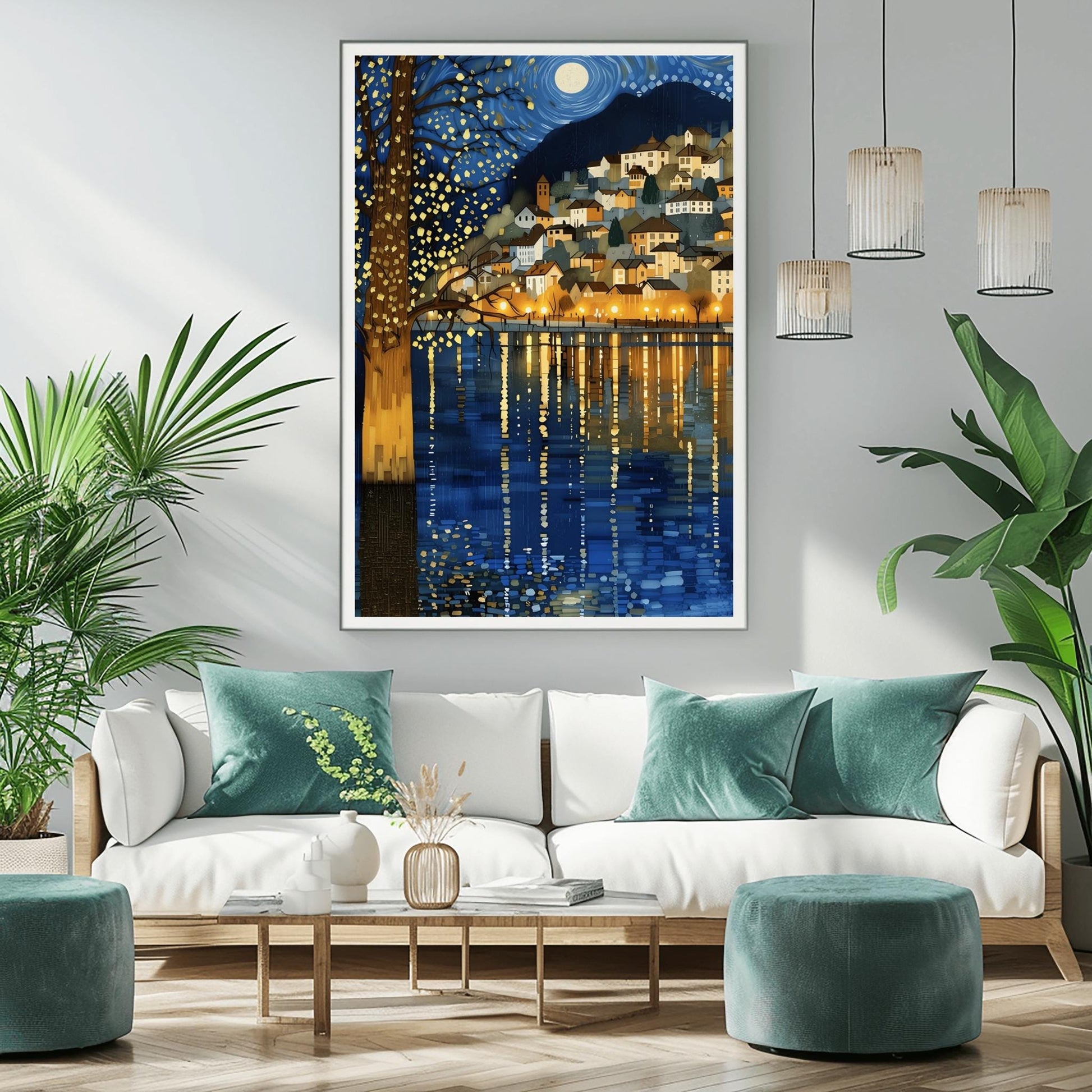 A vertical fine art painting in the style of Gustav Klimt. A coastal village with warm-lit houses is nestled on a hillside at night. A large, shimmering tree with gold-textured bark stands in the left foreground. Above, a full moon sits within a swirling blue sky of mosaic stars. The water in the foreground features long, vertical golden reflections of the village lights.