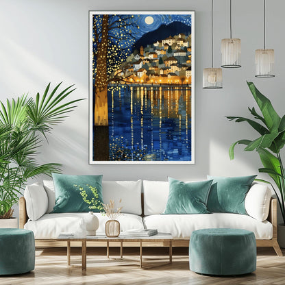 A vertical fine art painting in the style of Gustav Klimt. A coastal village with warm-lit houses is nestled on a hillside at night. A large, shimmering tree with gold-textured bark stands in the left foreground. Above, a full moon sits within a swirling blue sky of mosaic stars. The water in the foreground features long, vertical golden reflections of the village lights.