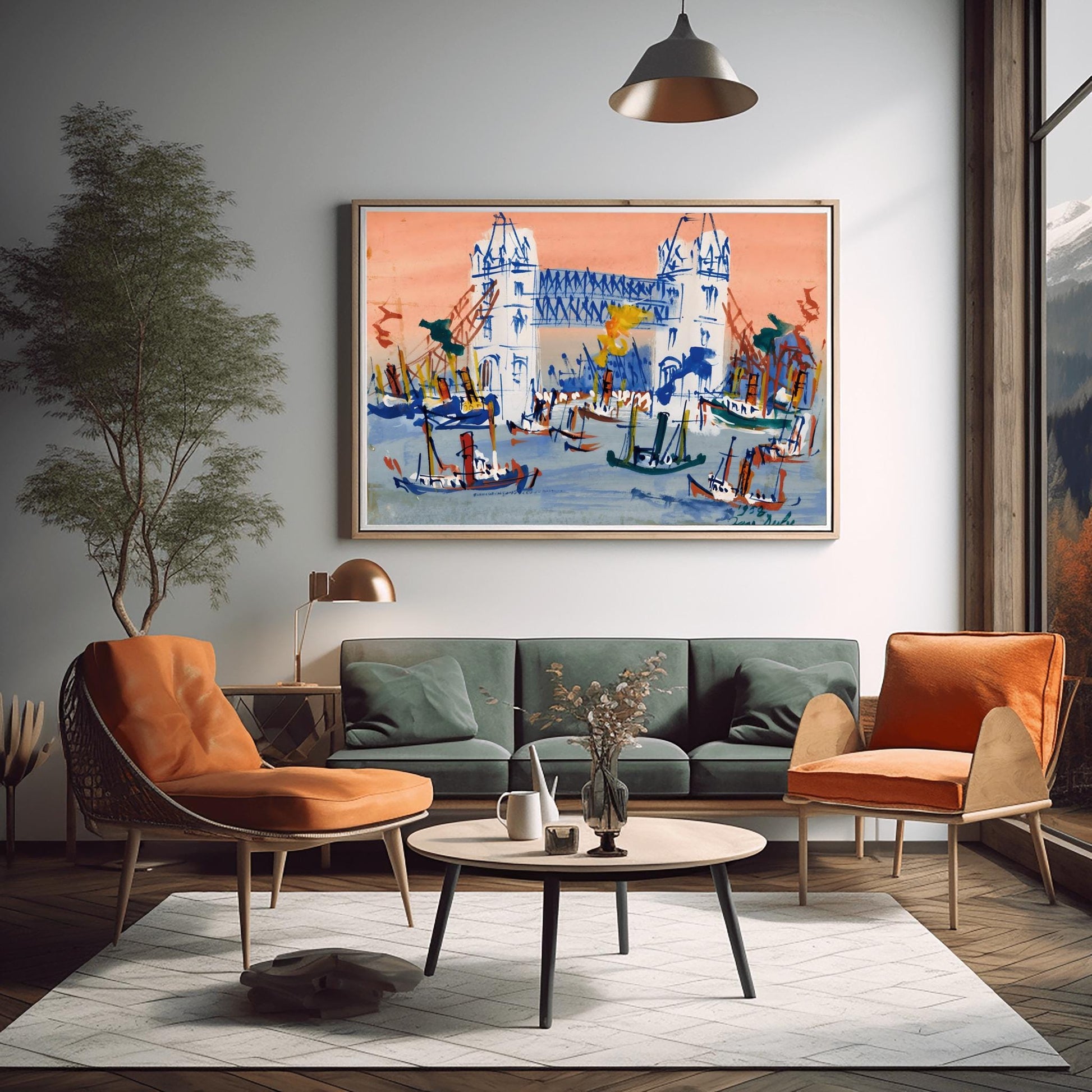 A horizontal expressionist painting of Tower Bridge in London by Jean Dufy. The bridge is rendered in white and blue lines against a coral pink sky. The River Thames in the foreground is filled with many small, sketchy blue and brown boats with smoke stacks.
