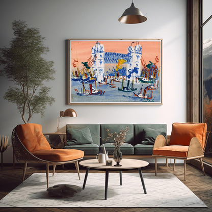 A horizontal expressionist painting of Tower Bridge in London by Jean Dufy. The bridge is rendered in white and blue lines against a coral pink sky. The River Thames in the foreground is filled with many small, sketchy blue and brown boats with smoke stacks.