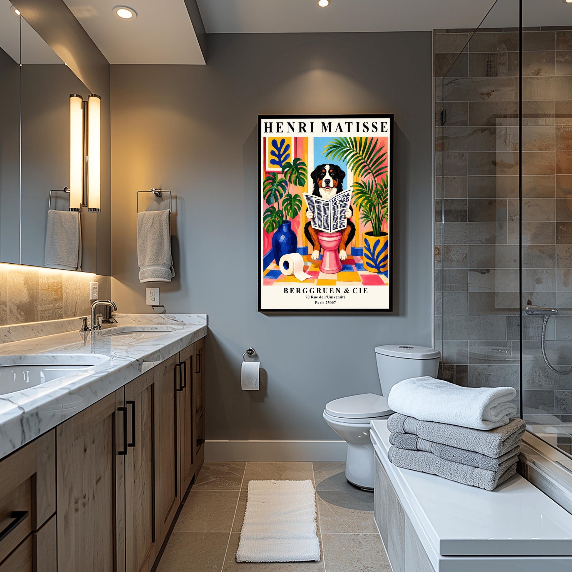 A vertical retro exhibition poster for Henri Matisse set on a wide cream border. The central image shows a colorful, painterly Fauvism illustration of a fluffy black, white, and tan Bernese Mountain Dog sitting on a pink toilet. The dog is looking forward with a slight smile while holding open a large newspaper titled "LE JOURNAL DE PARIS". The background is a bright, sunlit bathroom with pink and yellow walls, a checkered tile floor, a framed blue coral print