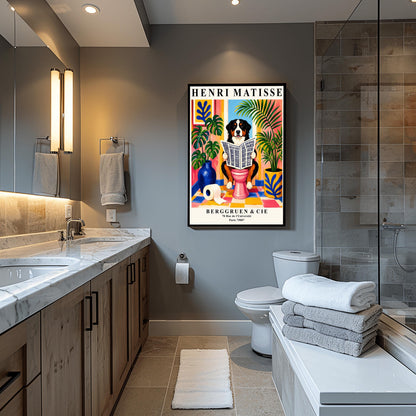 A vertical retro exhibition poster for Henri Matisse set on a wide cream border. The central image shows a colorful, painterly Fauvism illustration of a fluffy black, white, and tan Bernese Mountain Dog sitting on a pink toilet. The dog is looking forward with a slight smile while holding open a large newspaper titled "LE JOURNAL DE PARIS". The background is a bright, sunlit bathroom with pink and yellow walls, a checkered tile floor, a framed blue coral print