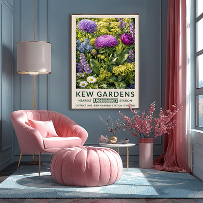 A vertical retro London Underground travel poster for Kew Gardens on a wide cream border. The top image shows a close-up, densely packed botanical illustration of a summer meadow featuring large purple asters, a magenta peony, clusters of tiny yellow dill flowers, blue forget-me-nots, and white daisies surrounded by green leaves. The bottom cream border features the text "KEW GARDENS" in dark green, followed by "NEAREST UNDERGROUND STATION" flanking an authentic boxed Underground logo