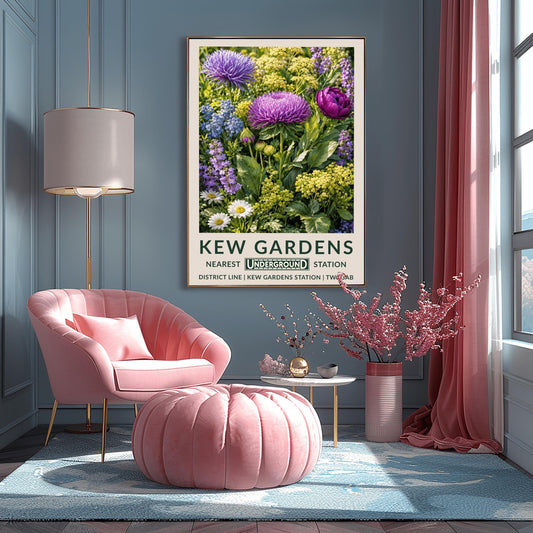 A vertical retro London Underground travel poster for Kew Gardens on a wide cream border. The top image shows a close-up, densely packed botanical illustration of a summer meadow featuring large purple asters, a magenta peony, clusters of tiny yellow dill flowers, blue forget-me-nots, and white daisies surrounded by green leaves. The bottom cream border features the text "KEW GARDENS" in dark green, followed by "NEAREST UNDERGROUND STATION" flanking an authentic boxed Underground logo