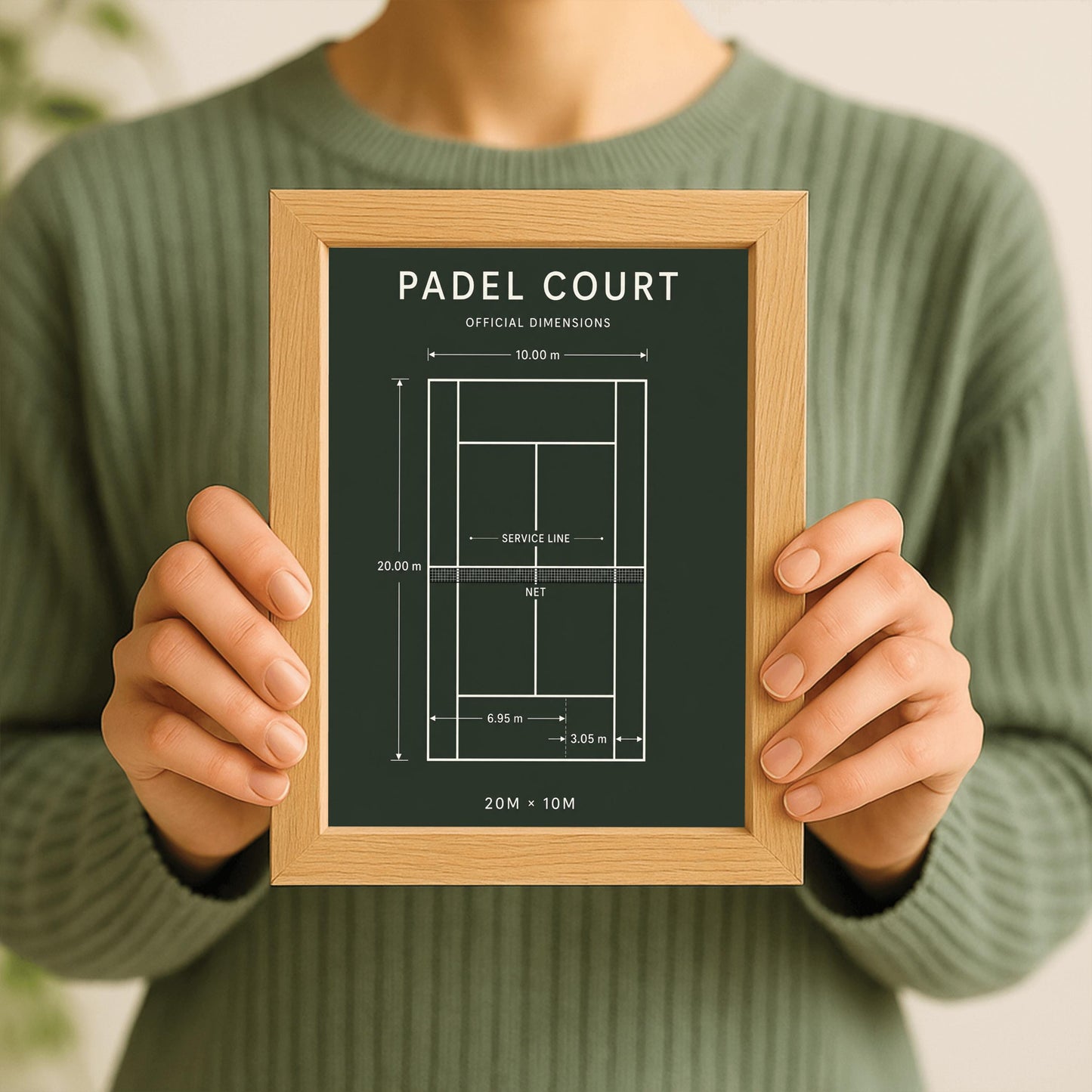 A vertical minimalist sports poster with a solid dark forest green background. At the top, the words "PADEL COURT" and "OFFICIAL DIMENSIONS" are written in a clean white sans-serif font. The center of the poster displays a top-down white schematic diagram of a padel court with text indicating the net, service line, and specific boundary dimensions like 20.00 m and 10.00 m. The bottom of the poster displays the text "20M × 10M".