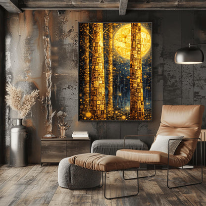 A vertical art print in the style of Gustav Klimt. Two tall tree trunks in the foreground are covered in a dense, golden mosaic of squares, circles, and intricate geometric patterns. In the background, a large, glowing golden moon with swirling patterns hangs in a dark blue forest. The entire scene is filled with shimmering golden light particles and soft bokeh orbs, creating a luminous and magical atmosphere.