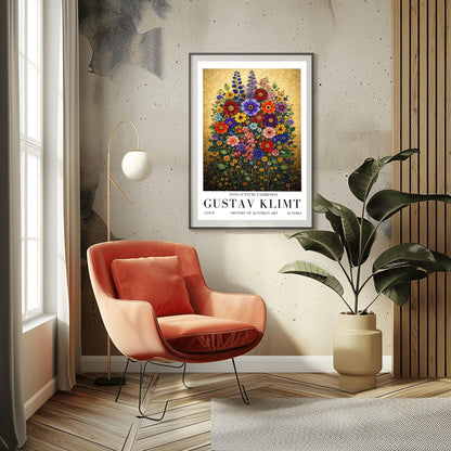 A vertical art print in the style of Gustav Klimt featuring a dense bouquet of colorful wildflowers. The flowers, including red, purple, and orange zinnias and tall blue delphiniums, are rendered as intricate mosaics with geometric patterns. The entire arrangement is set against a shimmering, gold-tiled background that glows with metallic light. The style is highly decorative, maximalist, and vibrant.