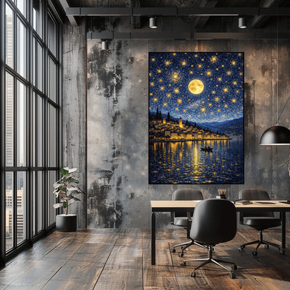 A vertical digital illustration of a coastal town at night in an impressionist style. A large full moon and many swirling yellow stars fill a deep blue sky. The golden lights of the hillside buildings reflect in the water below. A small rowboat with two people is in the foreground.