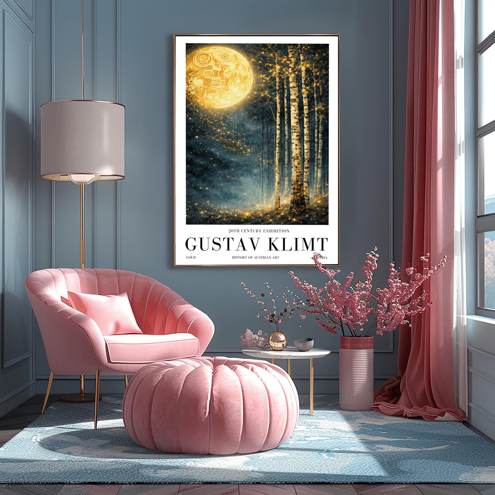 A vertical Art Nouveau illustration in the style of Gustav Klimt. A large, patterned golden moon sits in the upper left corner of a dark, misty teal forest. Slender birch trees stand on the right, while a swirl of golden stardust flows across the center.